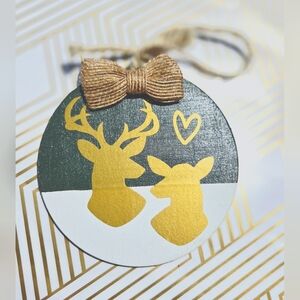 Gold and Green Deer And Doe Wedding Holiday Ornament with Bow